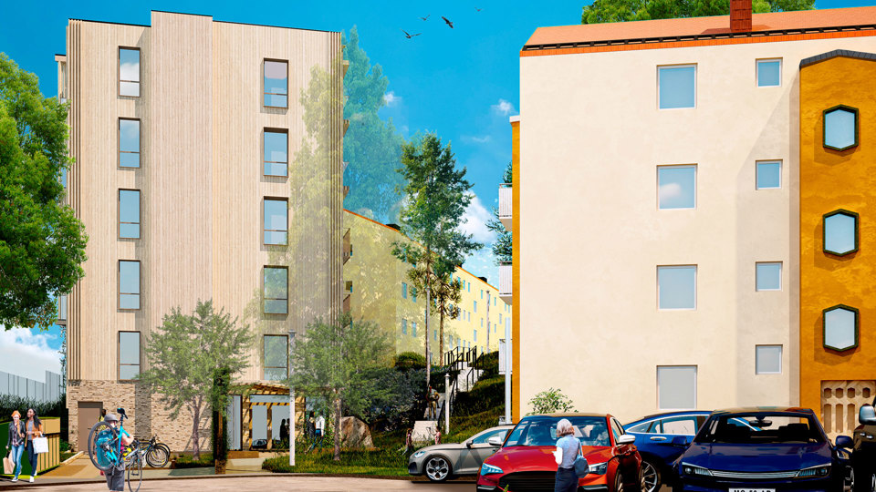 Visionsbild. Till vänster syns föreslaget hus från gaveln. Huset har ljus träfasad och två kolumner fönster. En ingång finns via gaveln.